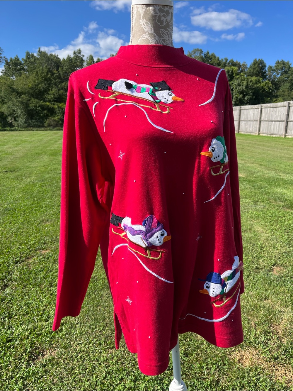 Vintage Bechamel Red Embroidered Sledding Snowman Christmas Sweater